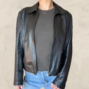 Mango black leather jacket moto zip up fitted size small